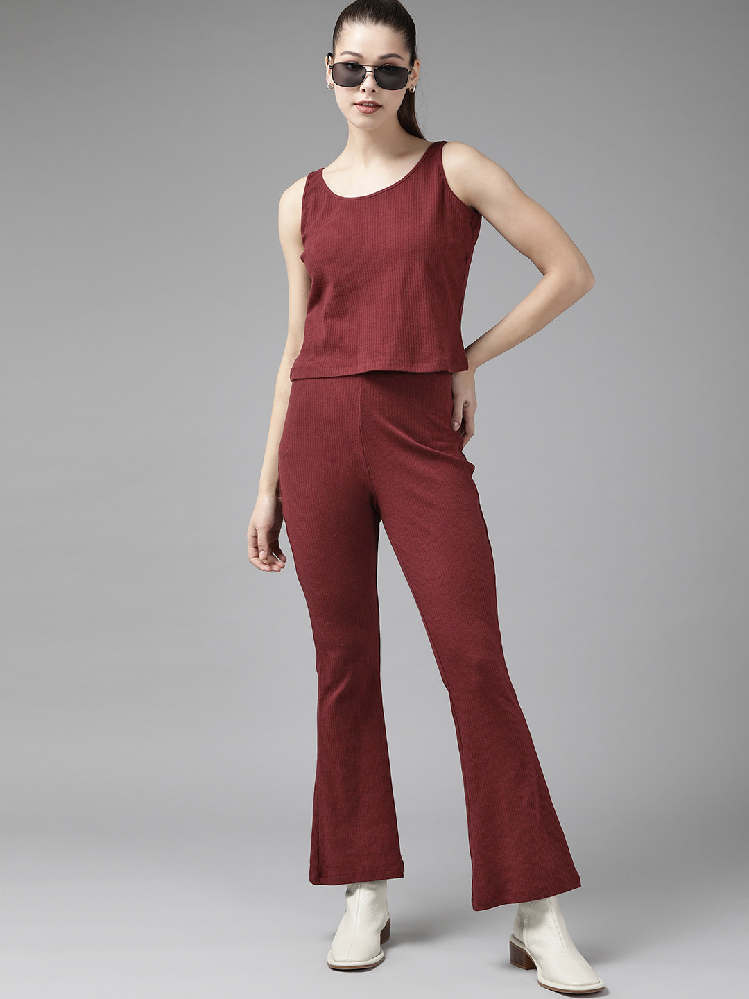 Roadster Women Burgundy Ribbed Top with Trousers