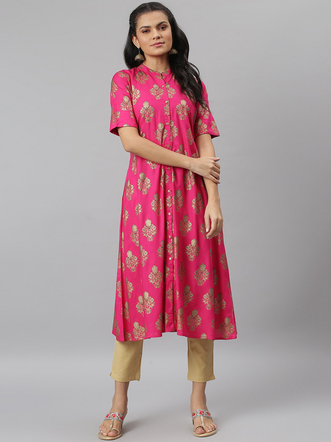 JAIPUR ATTIRE Women Pink & Gold Ethnic Motifs Printed A Line Kurta
