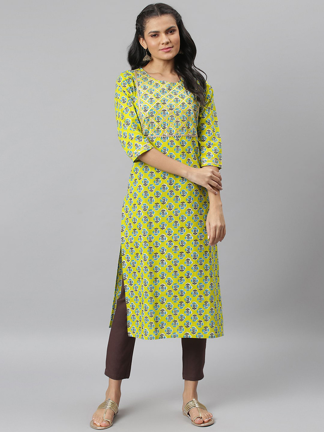 JAIPUR ATTIRE Women Green & Blue Ethnic Motifs Printed Gotta Patti Kurta