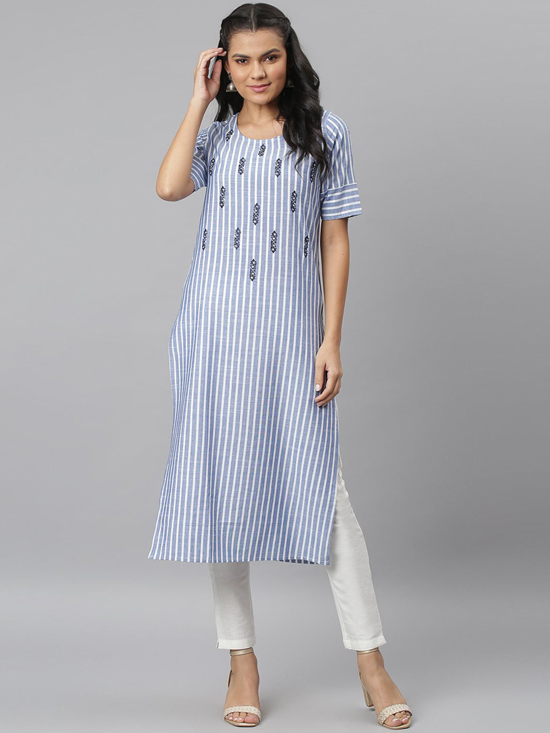 JAIPUR ATTIRE Women Blue & White Striped Kurta with Embroidered Motifs Design