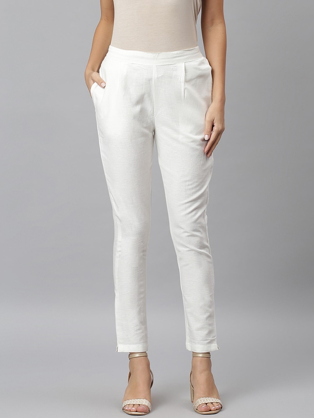 Buy Women Ivory Poly Silk Fitted Pants - Bottoms - Indya