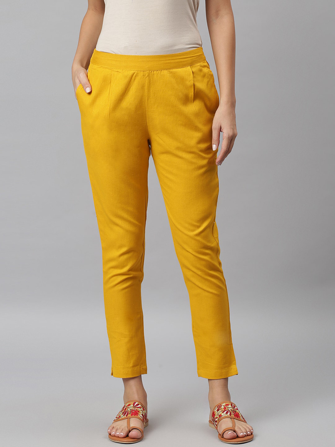 JAIPUR ATTIRE Women Mustard Yellow Solid Cigarette Trousers