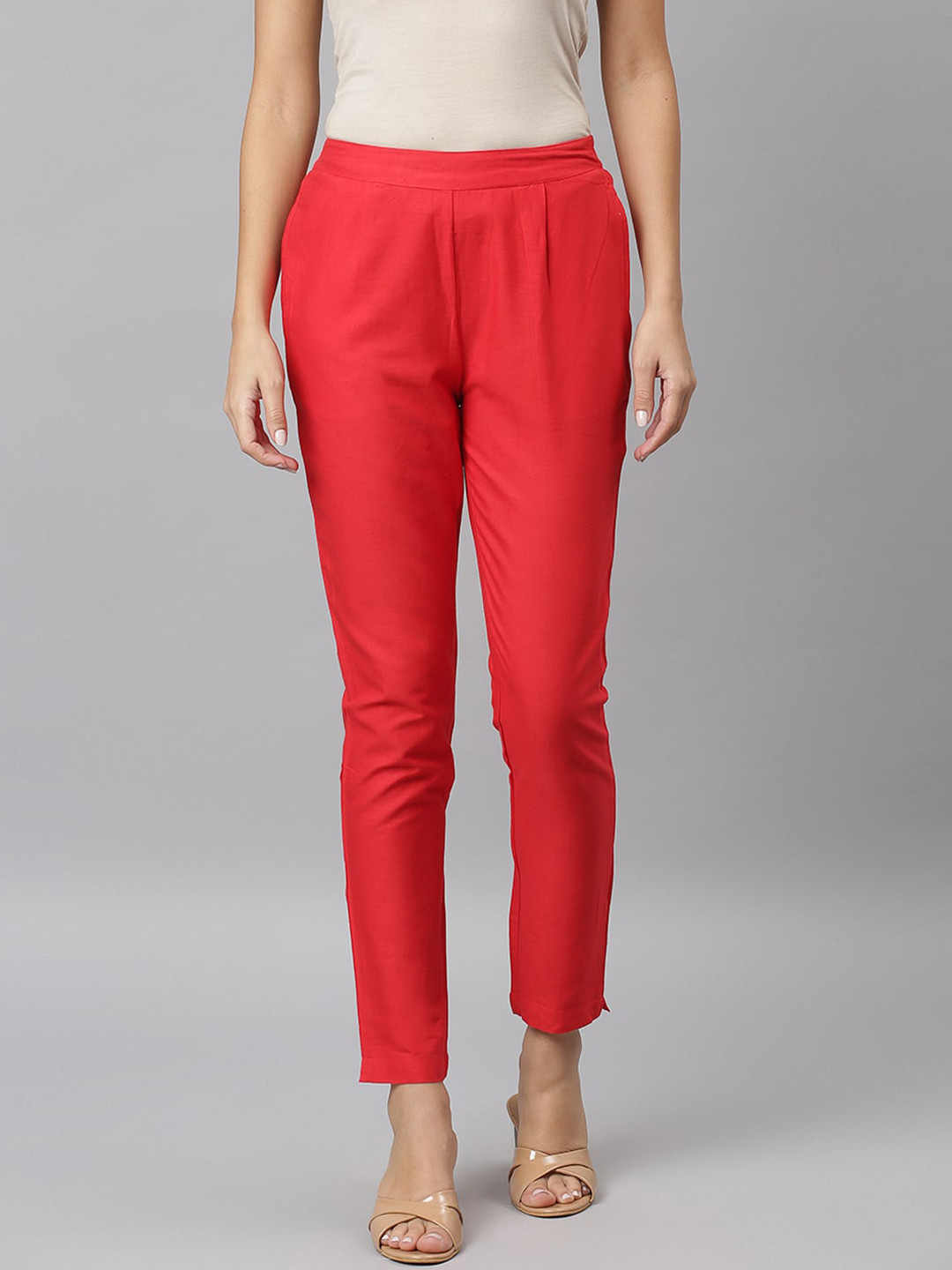 JAIPUR ATTIRE Women Red Solid Cigarette Trousers