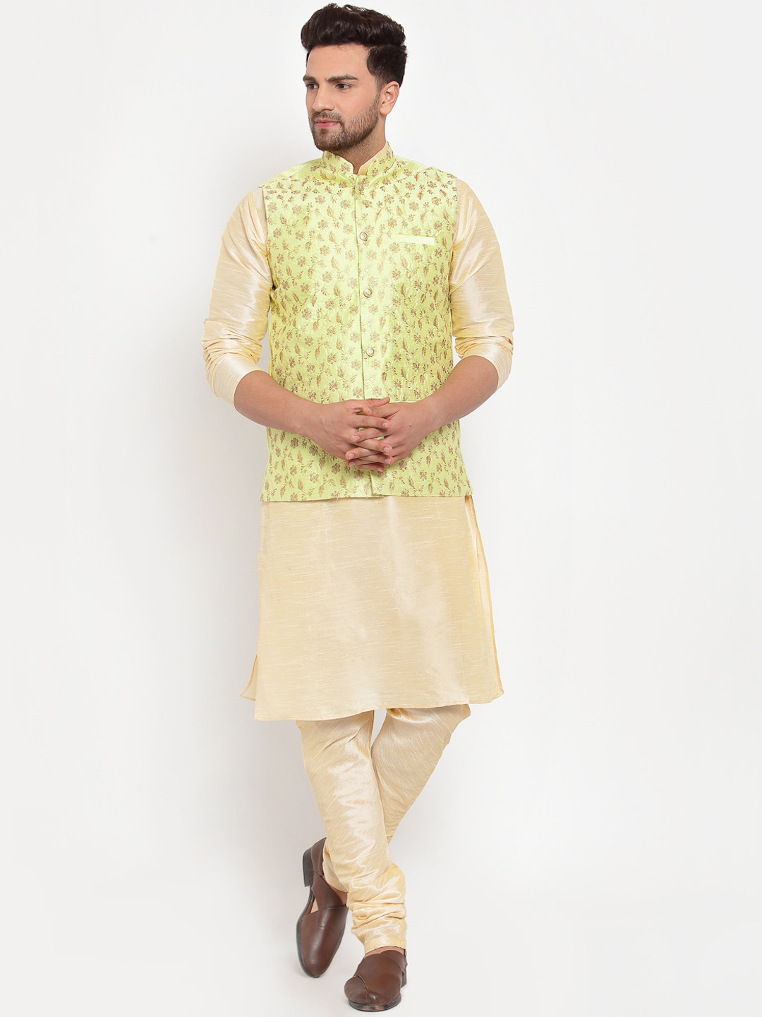 KRAFT INDIA Men Beige & Limegreen Kurta with Churidar & Embroidered Nehru Jacket