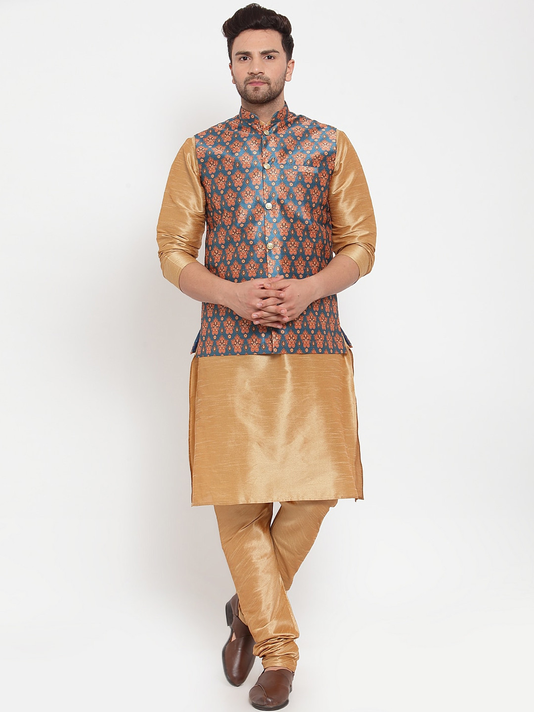 KRAFT INDIA Men Gold-Toned Regular Dupion Silk Kurta with Churidar & Printed Nehru Jacket