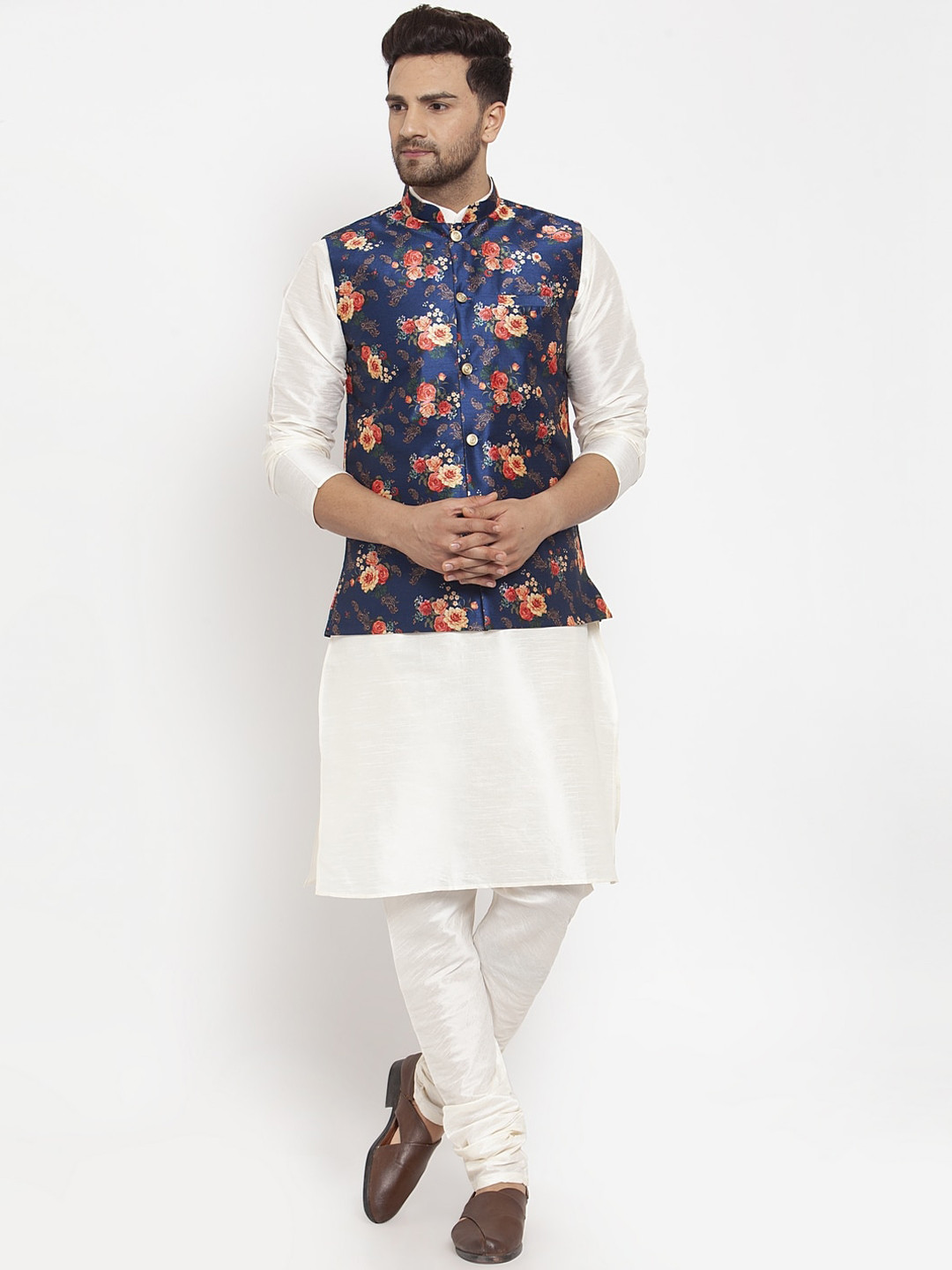 KRAFT INDIA Men Cream & Blue Kurta with Churidar & Printed Nehru Jacket