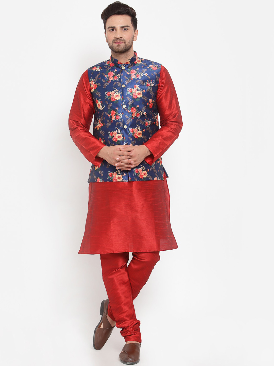 KRAFT INDIA Maroon Regular Dupion Silk Kurta & Churidar With Floral Printed Nehru Jacket