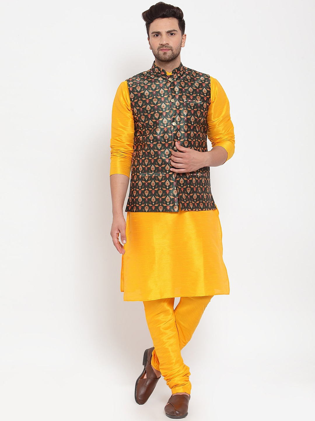 KRAFT INDIA Men Mustard & Green Yellow Regular Dupion Silk Kurta Set with Nehru Jacket