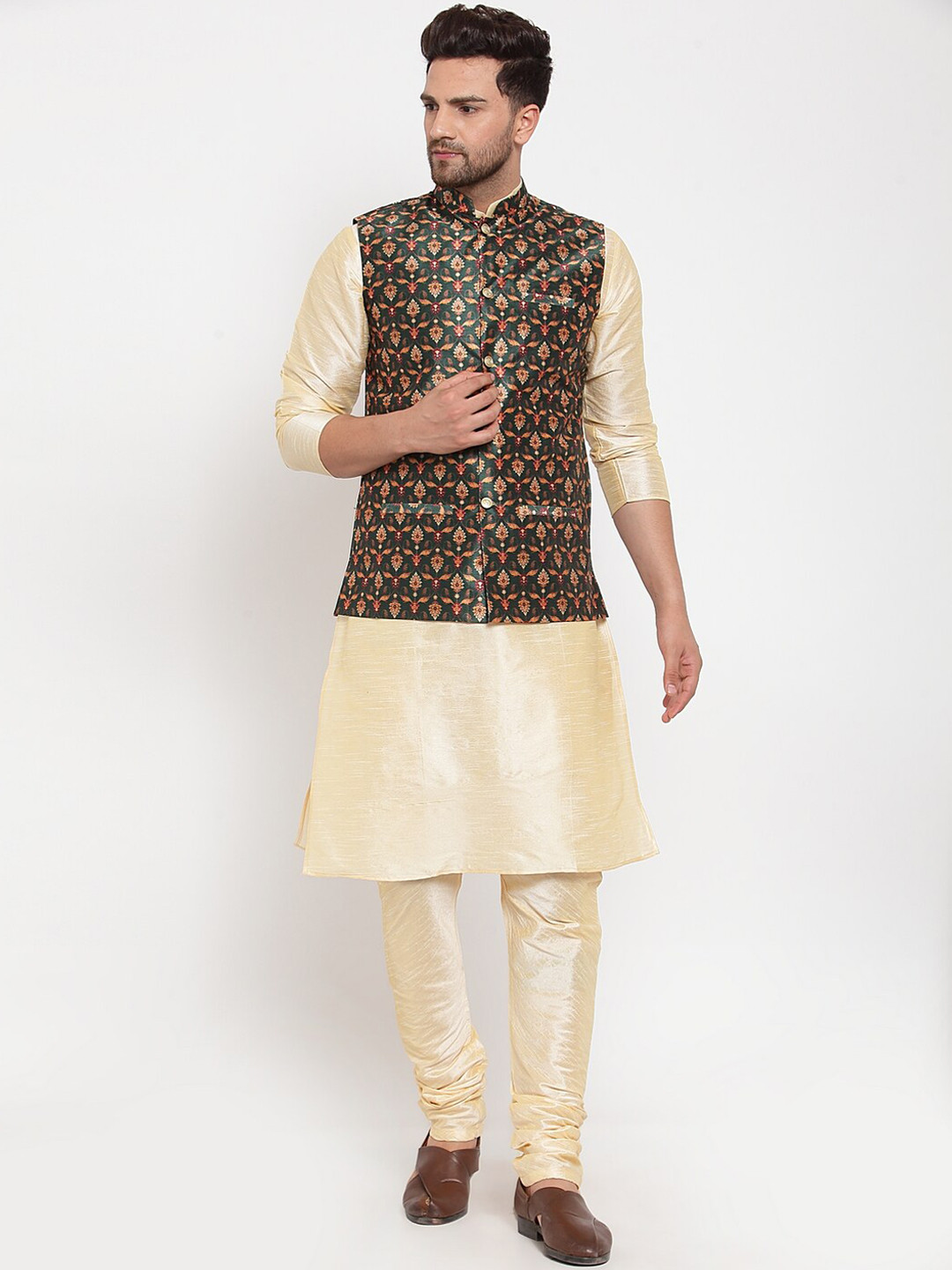KRAFT INDIA Men Beige & Green Kurta with Churidar & Printed Nehru Jacket