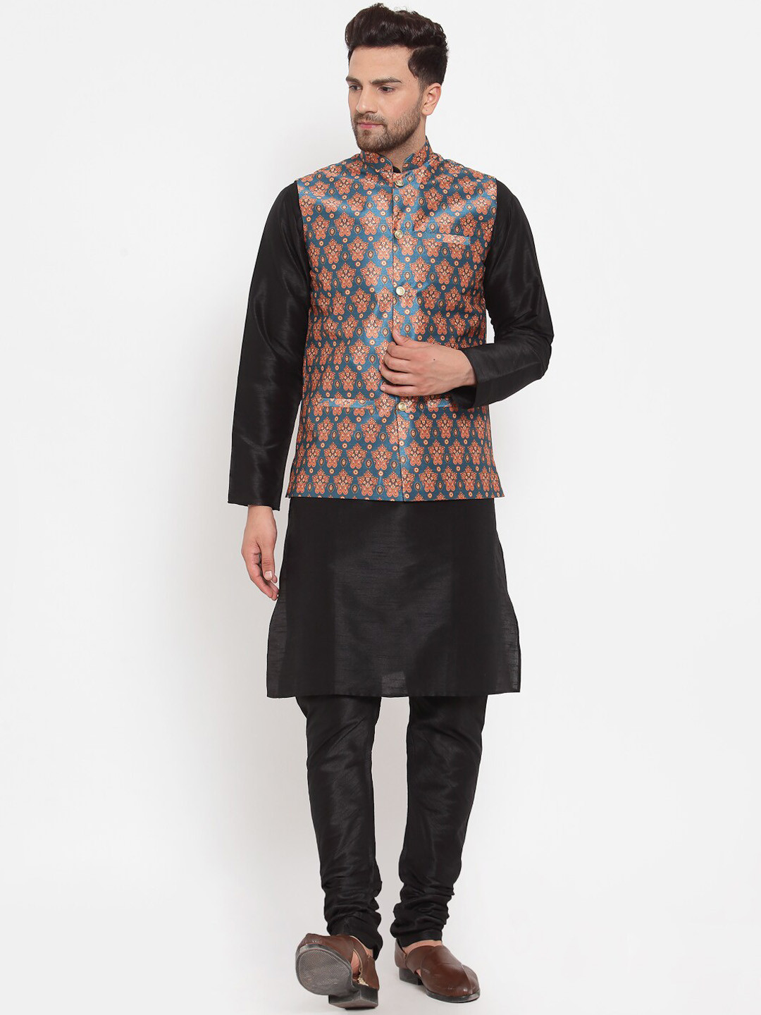 KRAFT INDIA Men Black & Teal Ethnic Motifs Printed Dupion Silk Kurta with Churidar