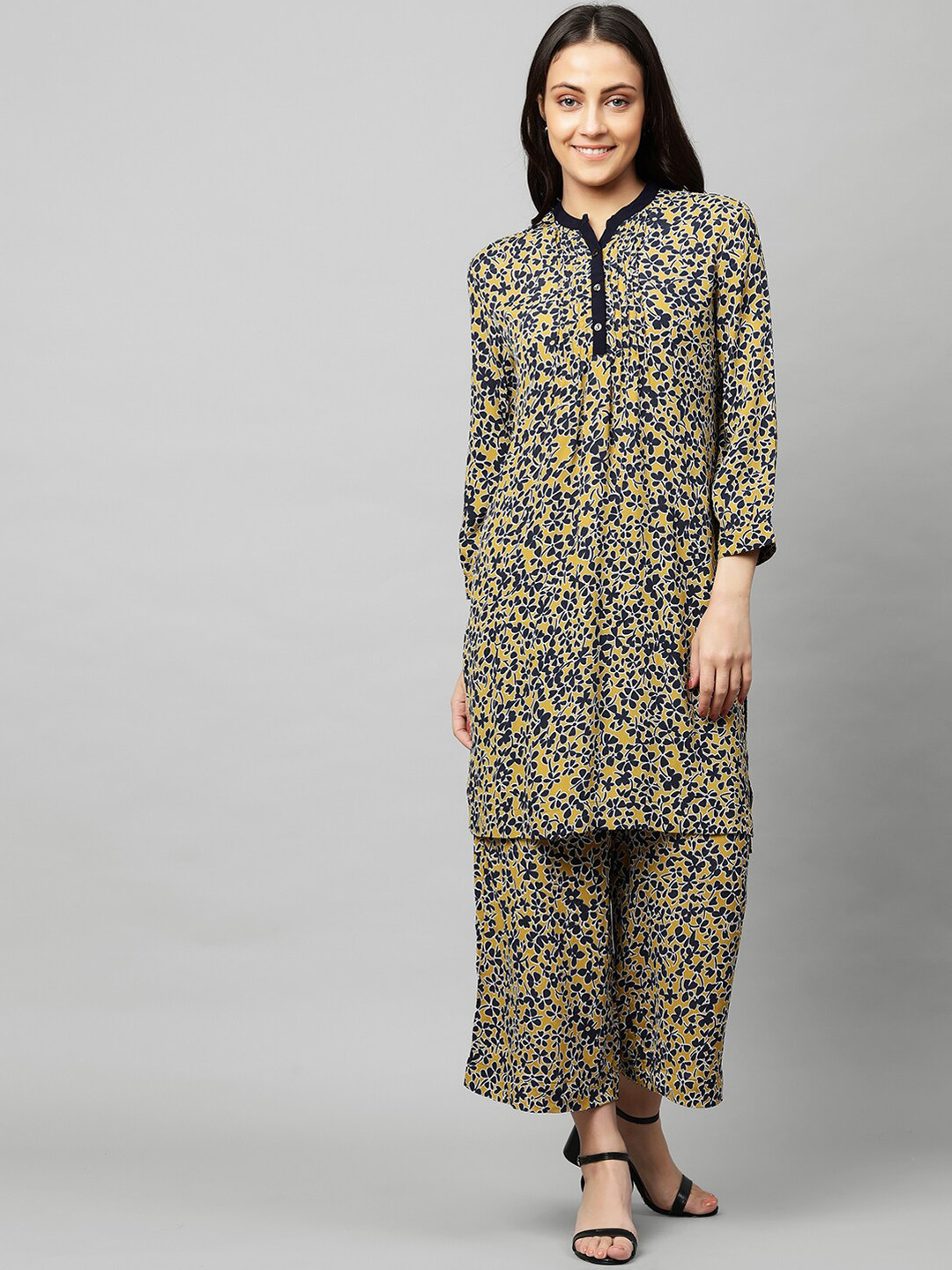 Modern Indian by CHEMISTRY Women Mustard Yellow Floral Printed Regular Kurta with Palazzos