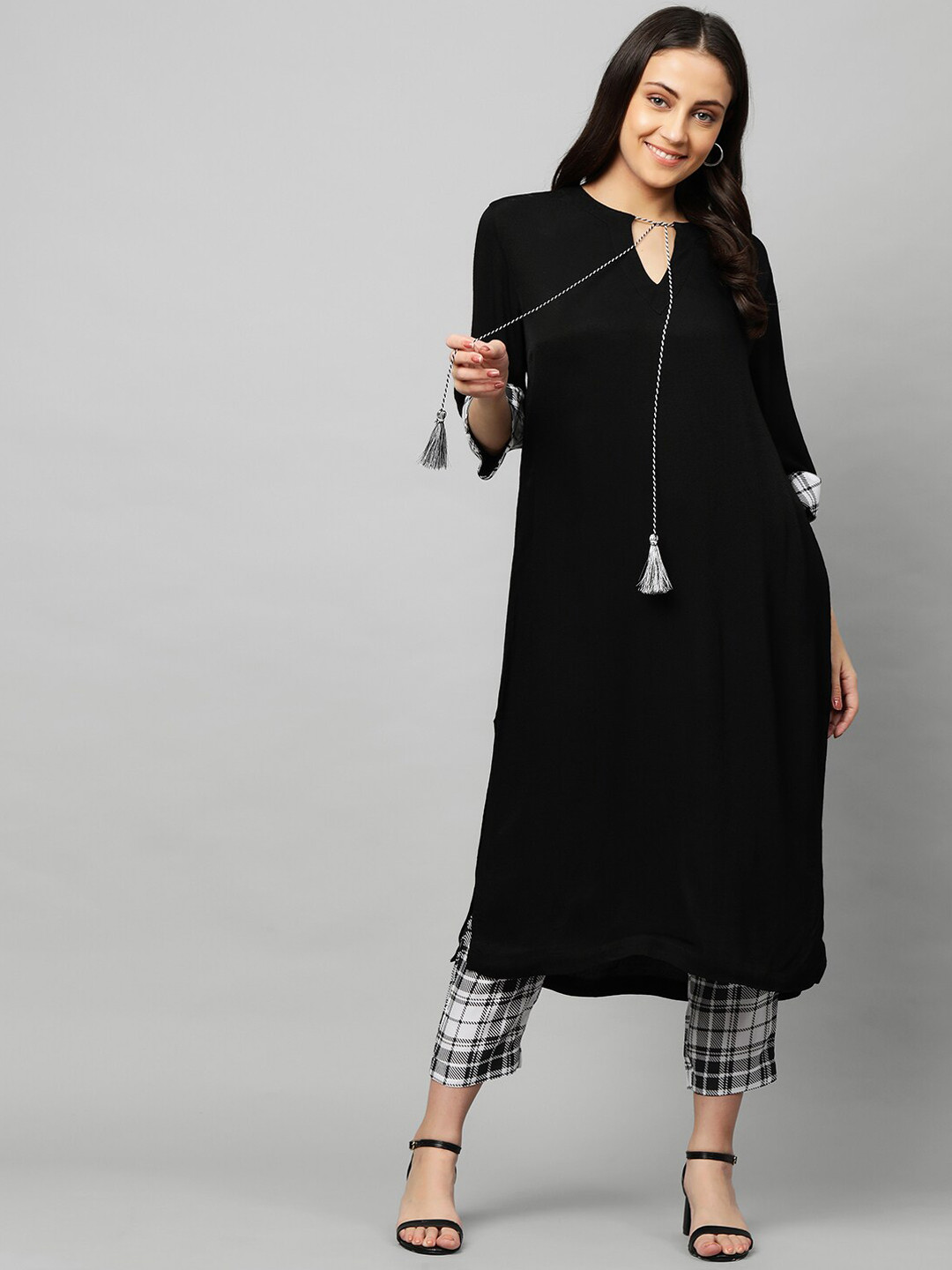 Modern Indian by CHEMISTRY Women Black Regular Kurta with Trousers