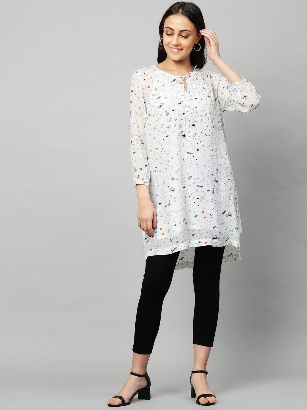 Modern Indian by CHEMISTRY Women Cream-Coloured Printed Regular Kurta with Trousers