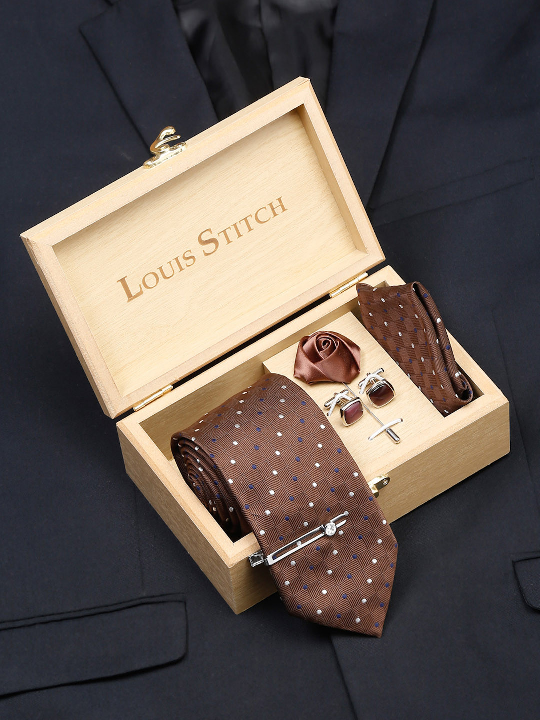 LOUIS STITCH Men Brown Polka Italian Silk Necktie Accessory Gift Set