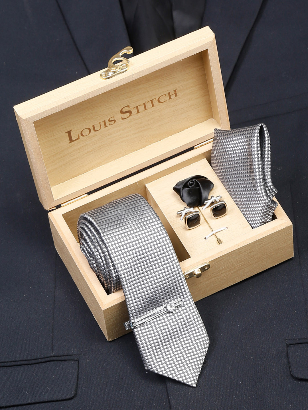 LOUIS STITCH Men Ash Grey Italian Silk Necktie Accessory Gift Set