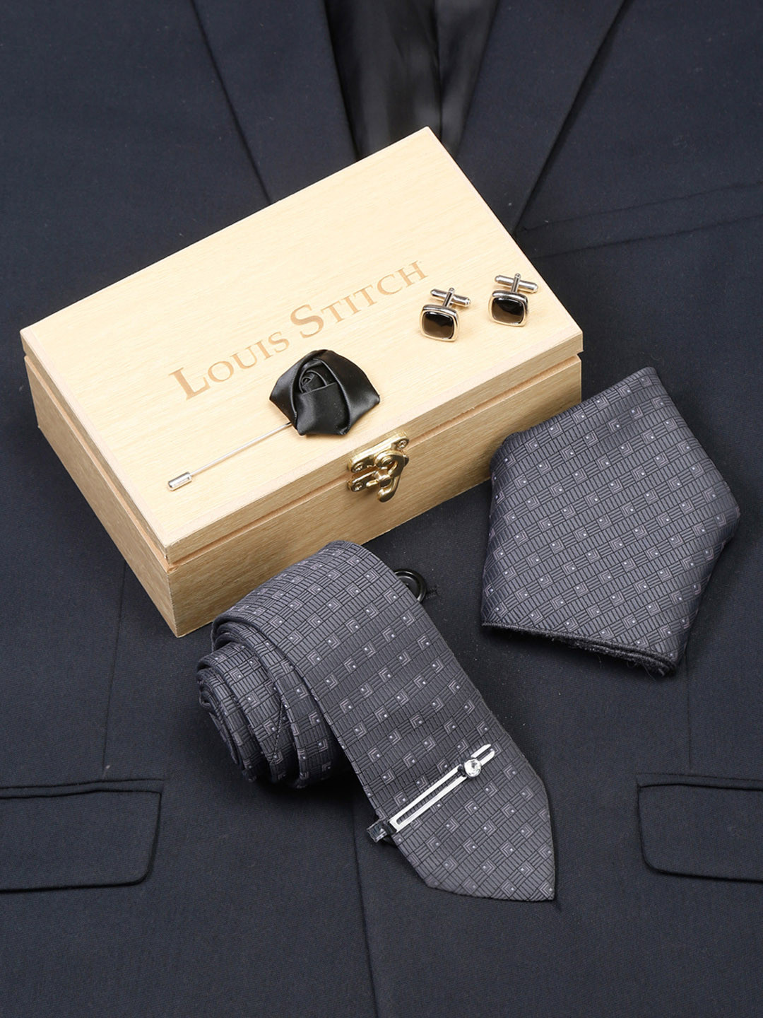 LOUIS STITCH Men Checkerd Italian Silk Necktie Accessory Gift Set