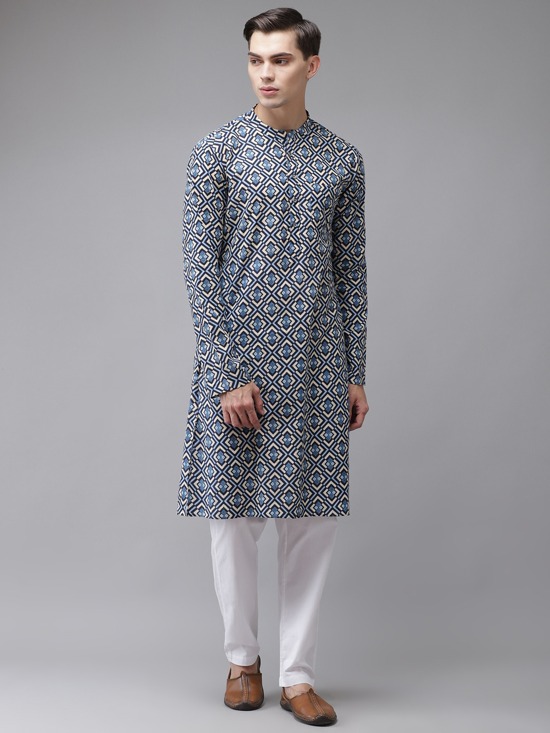 See Designs Men Blue Printed Regular Pure Cotton Kurta with Pyjamas