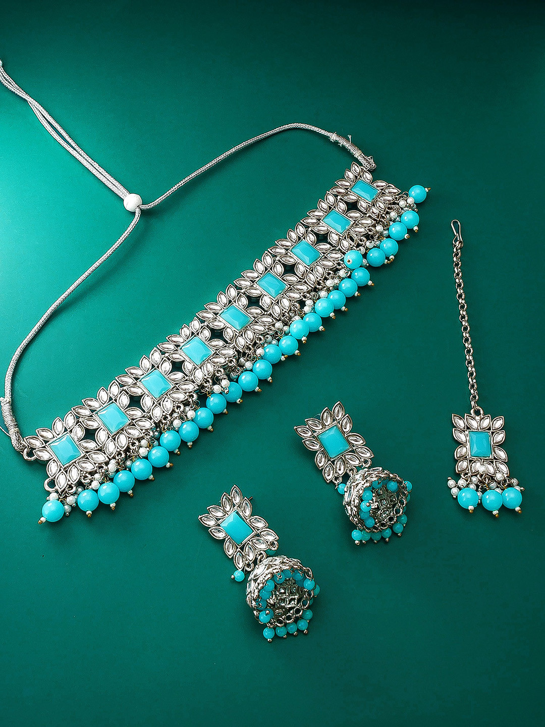 aadita Women German Oxidised Tribal Silver Pearl and Stones Choker Jewellery Set