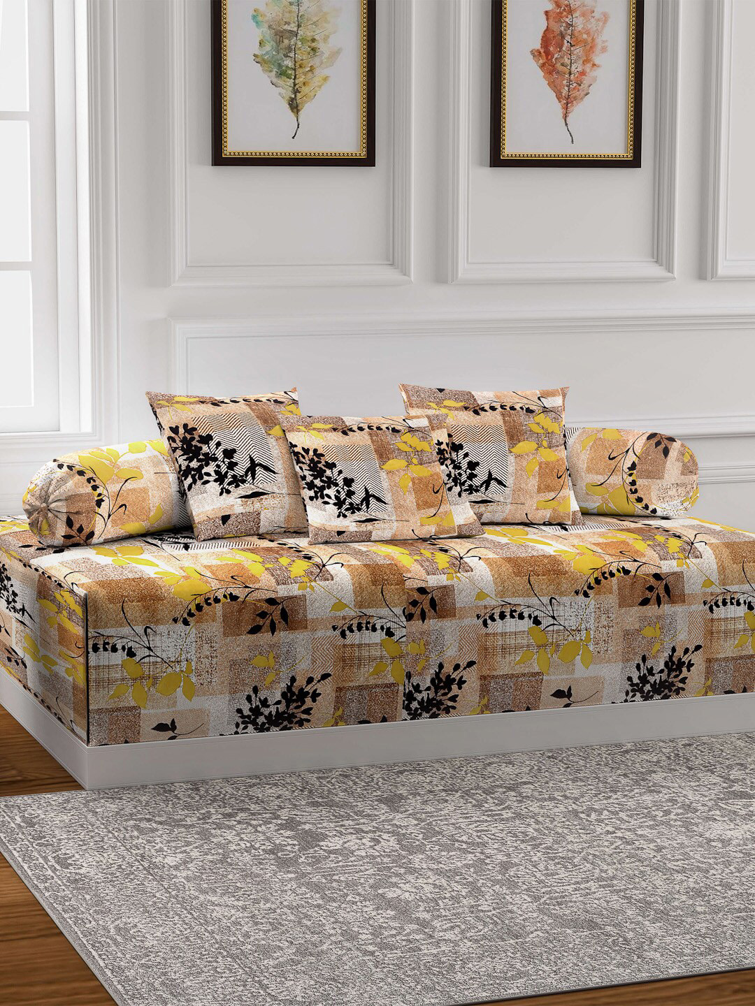 Arrabi Set of 6 Brown Floral Cotton Blend Diwan Set