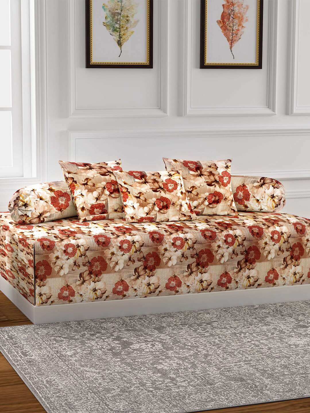 Arrabi Set of 6 Multicoloured Floral Handwoven Chenille Diwan Set