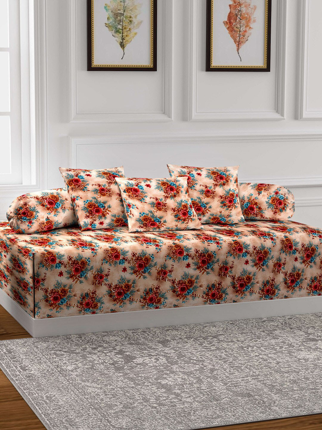 Arrabi Brown Handwoven Chenille Set of 6 Printed Diwan Set