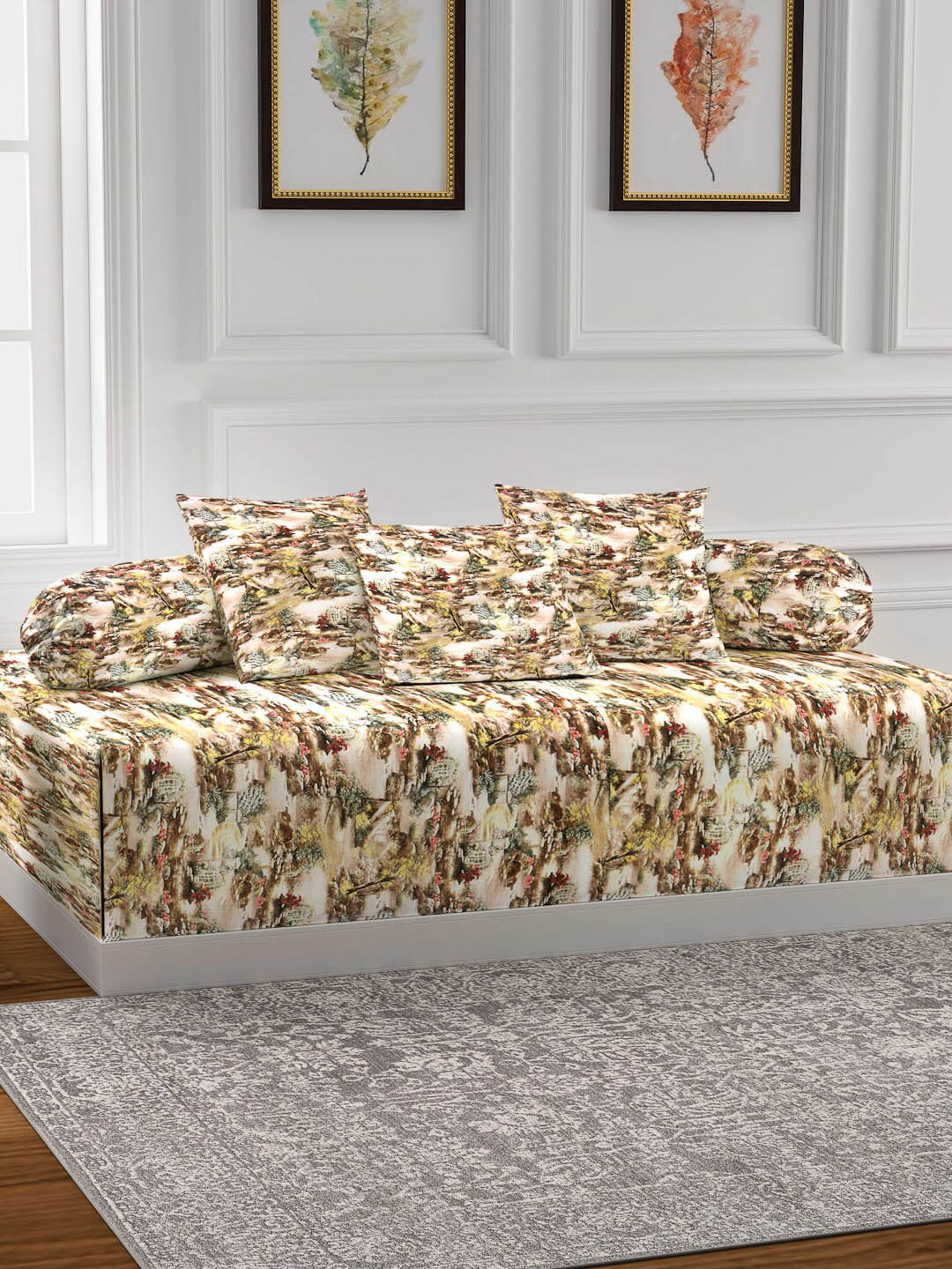 Arrabi Beige Set of 6 Printed Handwoven  Chenille Diwan Set