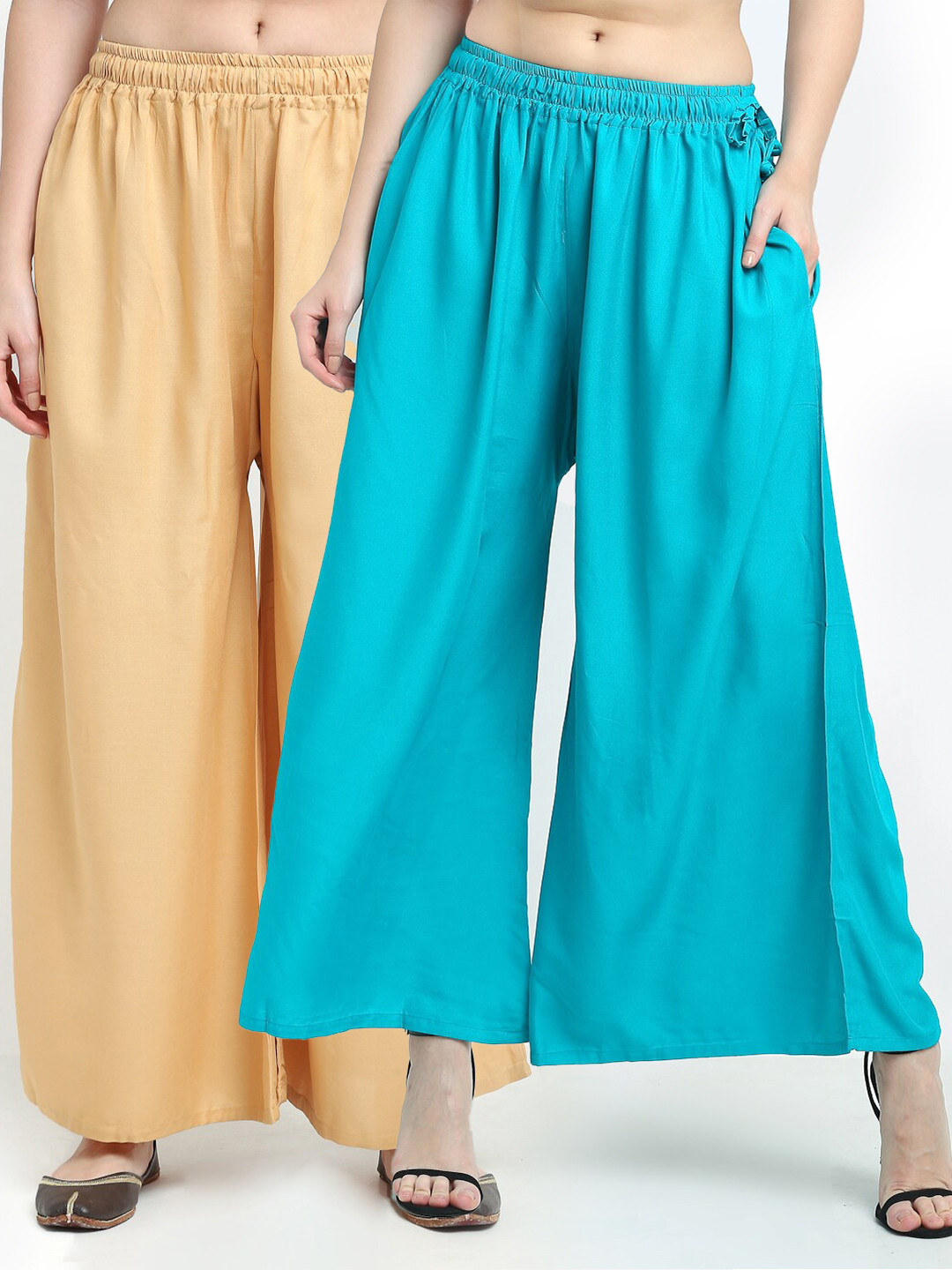 TAG 7 Pack of 2 Women Beige & Blue Flared Ethnic Palazzos