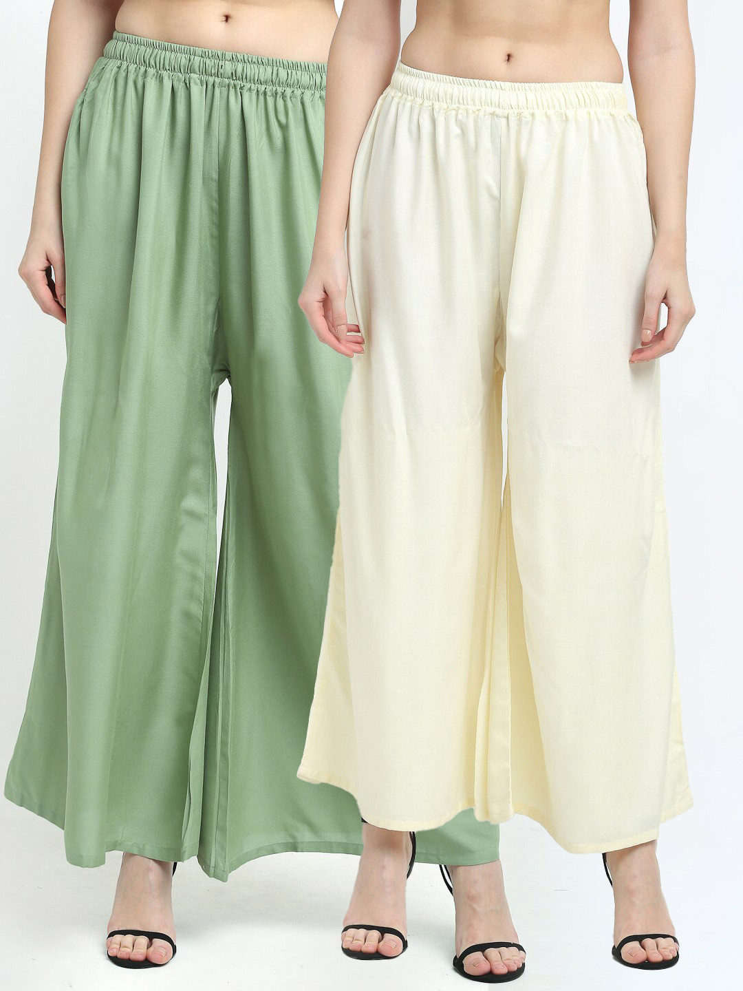 TAG 7 Women Cream-Coloured & Green Pack Of 2 Flared Ethnic Palazzos