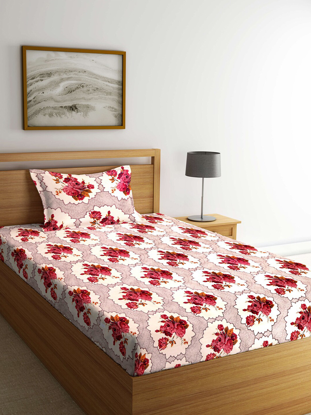 Arrabi Cream Floral Polycotton Skin-Friendly 300 TC Single Fine Bedsheet with a Pillow Cover-89 x 59 inches