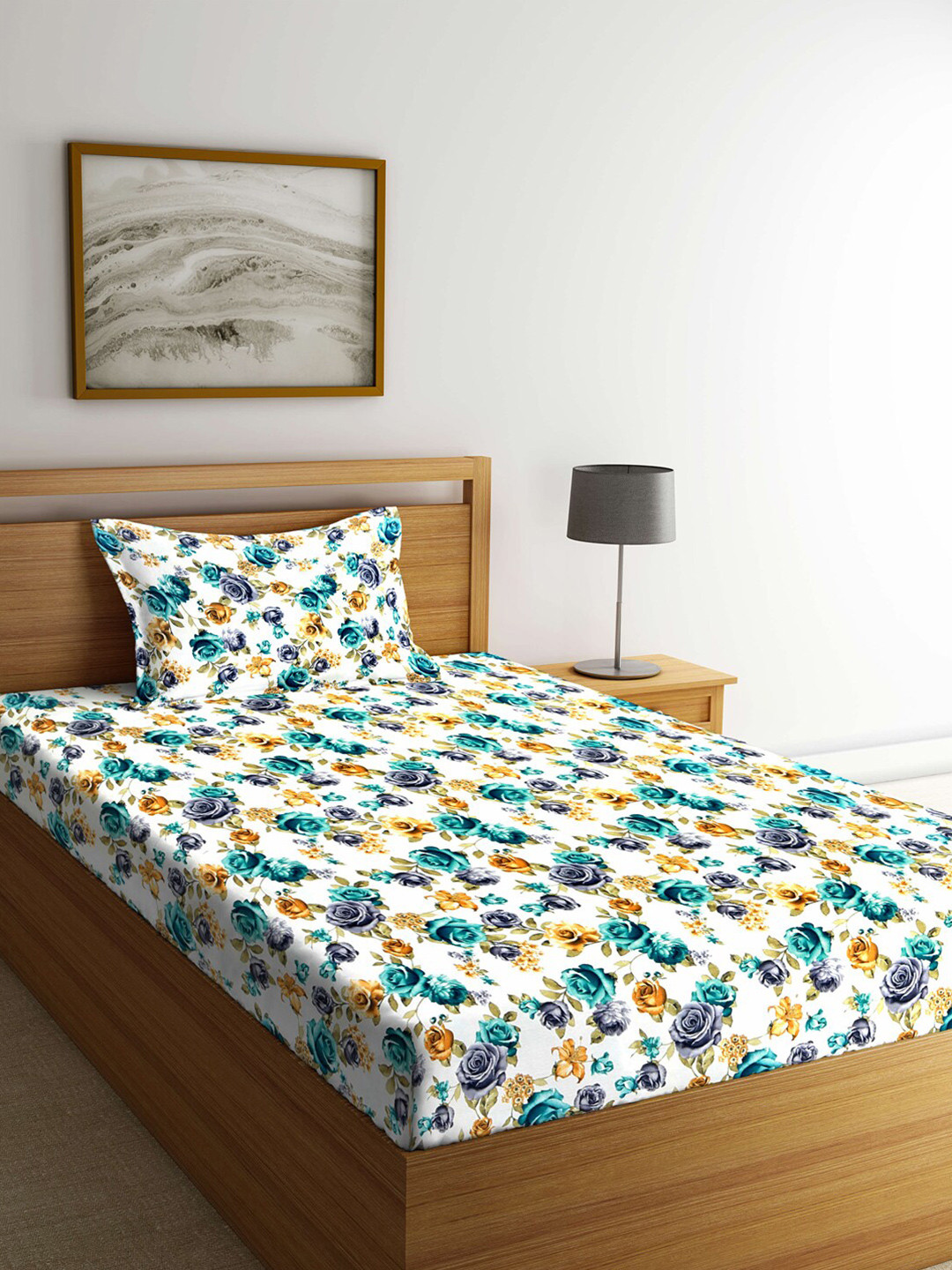 Arrabi White Floral Cotton 300 TC Single Fine Bedsheet with a Pillow Cover-225 x 150 cm