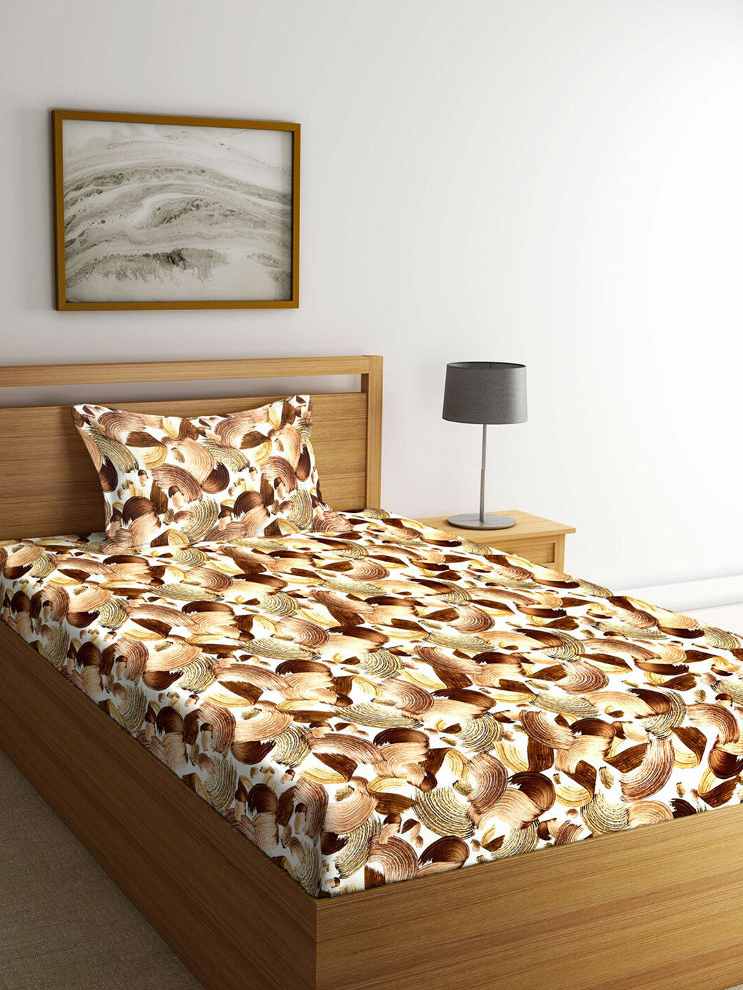 Arrabi Brown Abstract Polycotton 300 TC Single Fine Bedsheet with a Pillow Cover-55 x 60 inches
