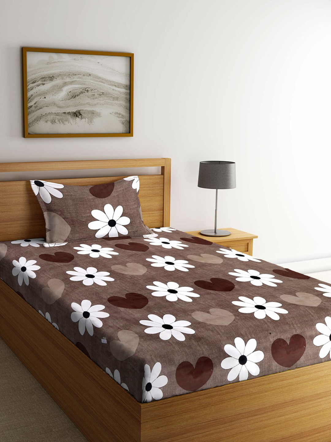 Arrabi Brown Floral Cotton Skin-Friendly 300 TC Single Fine Bedsheet with a Pillow Cover-215 x 150 cm