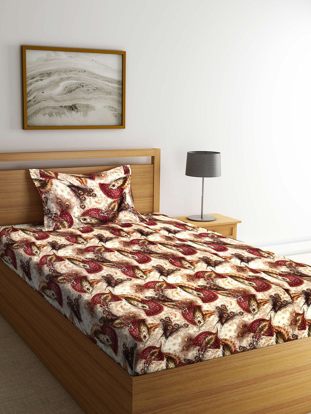 Arrabi Brown Graphic Polycotton Skin-Friendly 300 TC Double Fine Bedsheet with a Pillow Cover-60 x 90 inches