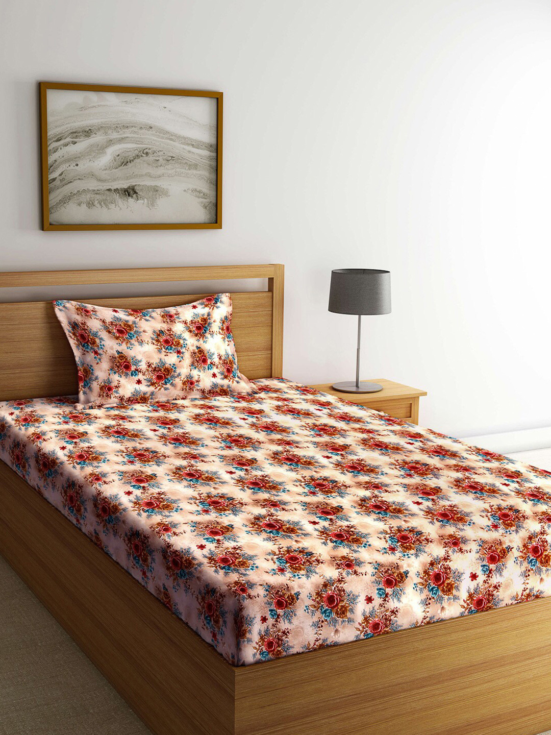 Arrabi Camel Brown Floral Polycotton 300 TC Single Fine Bedsheet with a Pillow Cover-60 x 90 inches