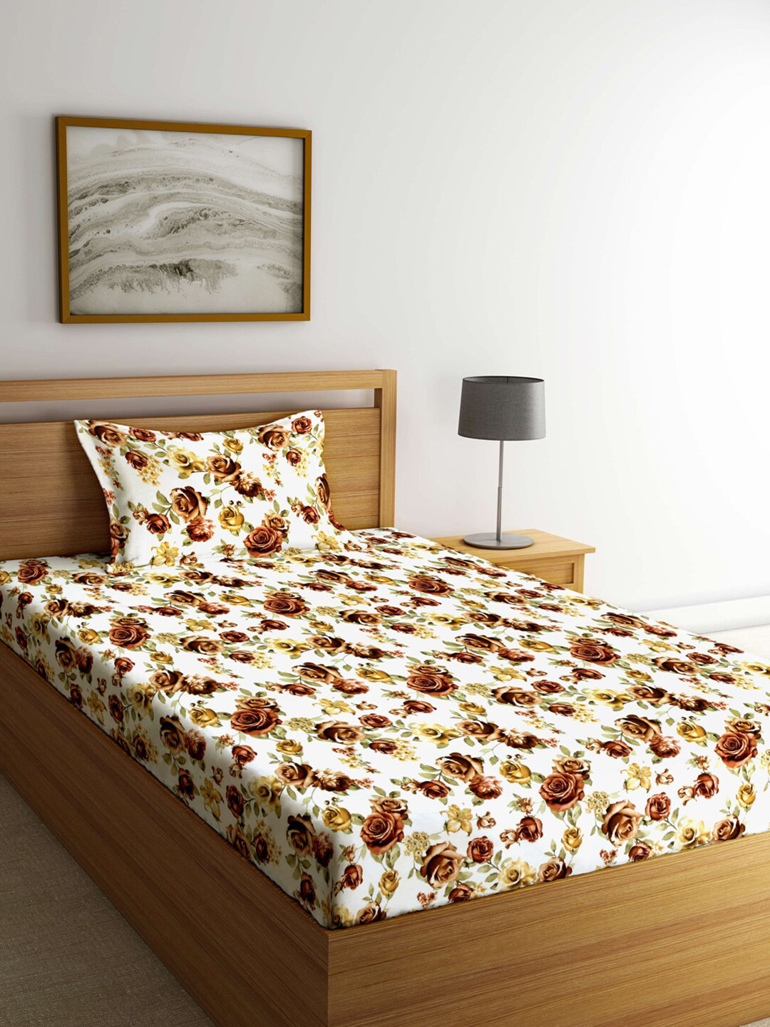 Arrabi Garden Bliss White Floral Cotton 300 TC Single Fine Bedsheet with a Pillow Cover-89 x 59 inches