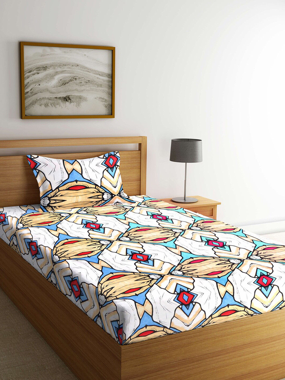 Arrabi Multicoloured Abstract Cotton 300 TC Single Fine Bedsheet with a Pillow Cover-87 x 59 inches