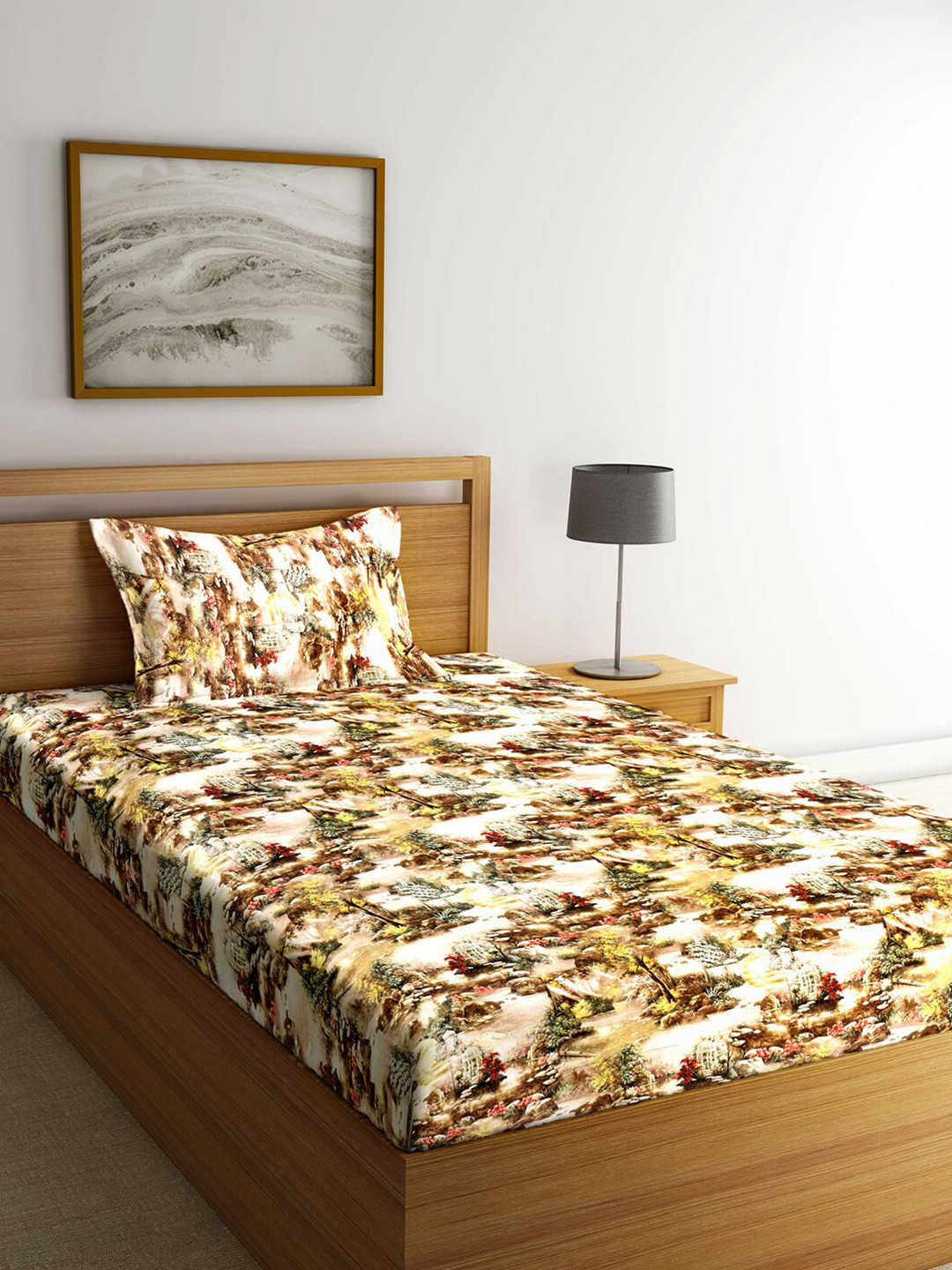 Arrabi Multicoloured Graphic Cotton 300 TC Single Fine Bedsheet with a Pillow Cover-215 x 150 cm