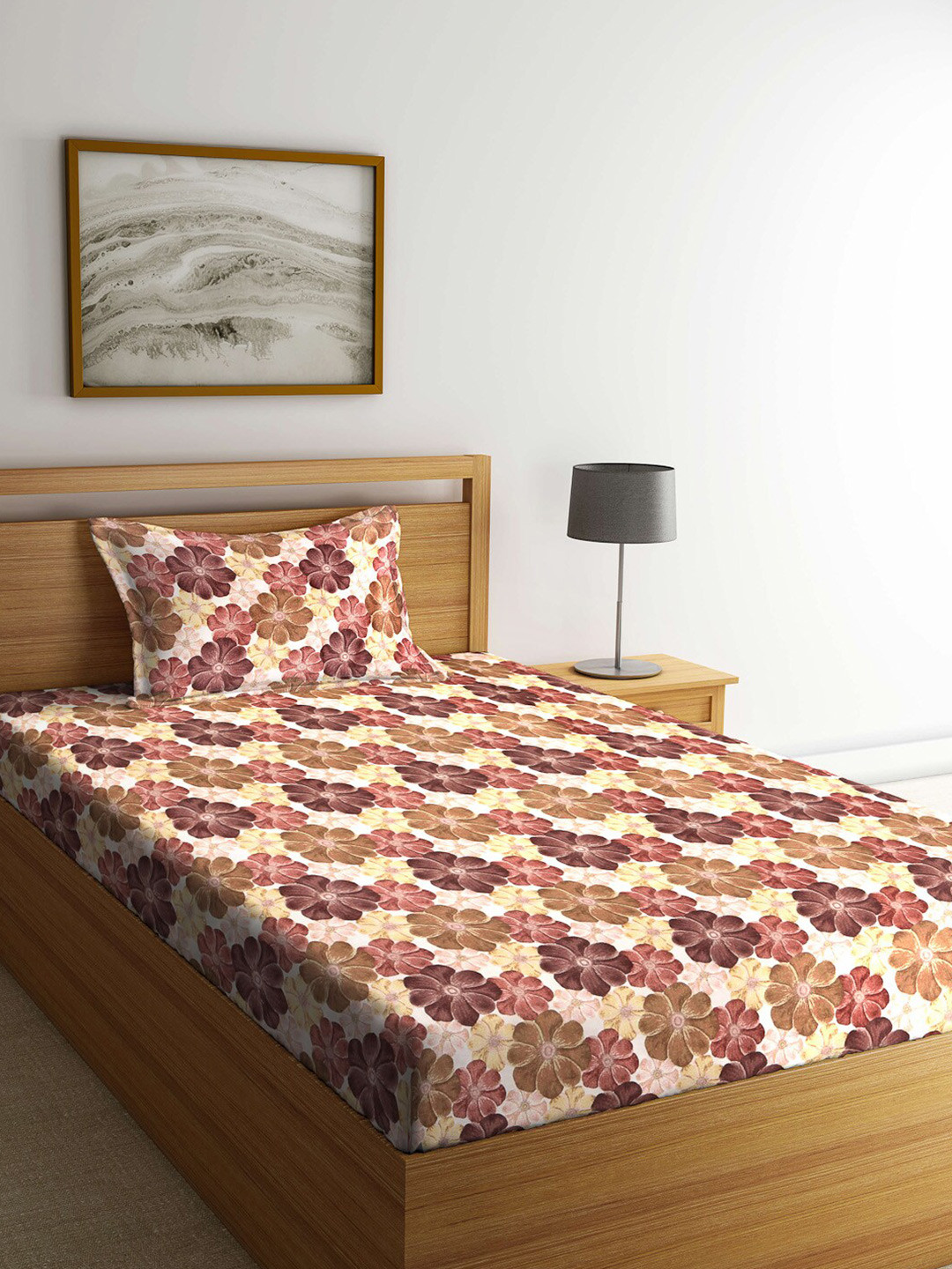 Arrabi Brown Floral Polycotton 300 TC Single Fine Bedsheet with a Pillow Cover-87 x 93 inches