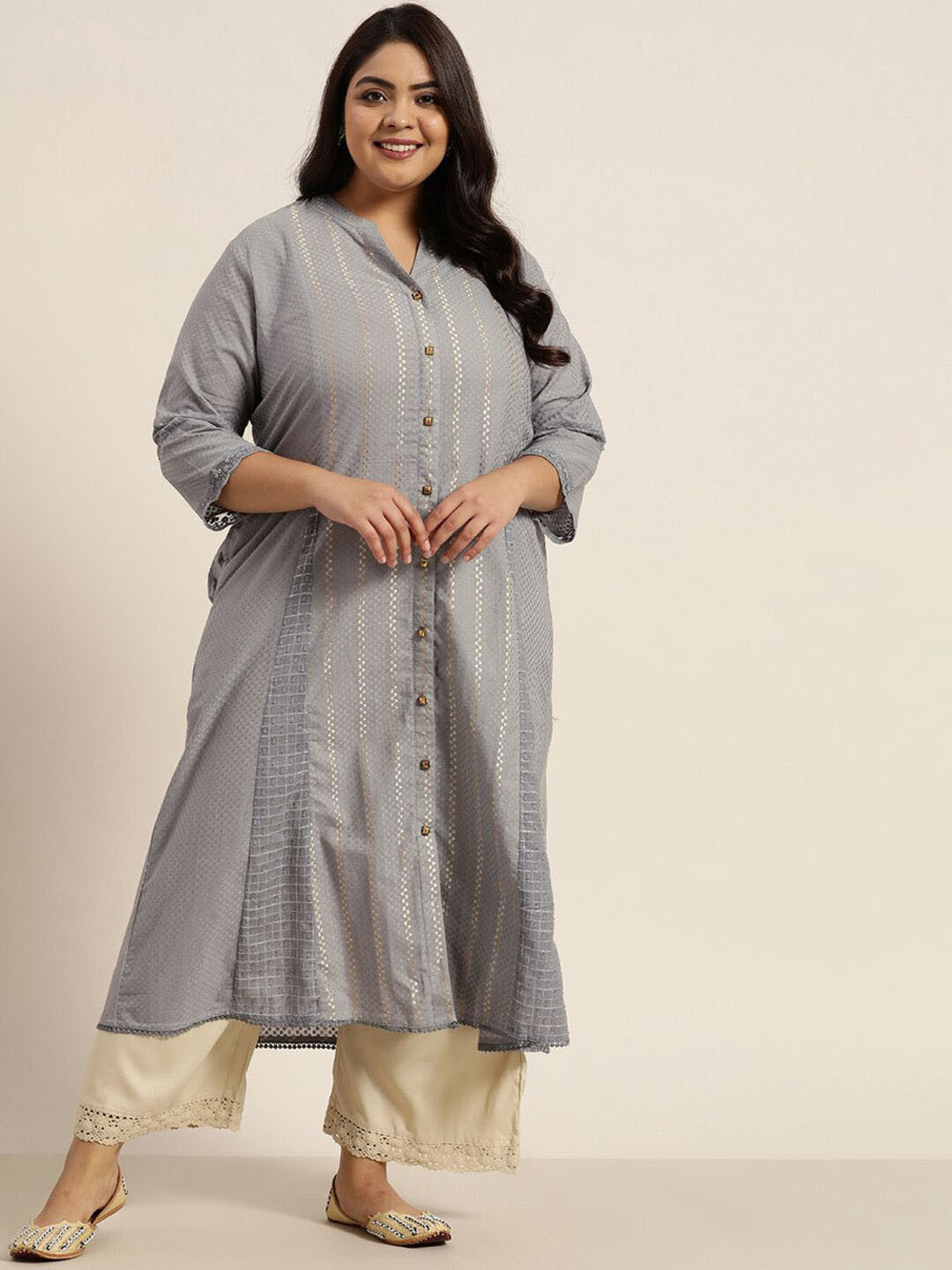 Juniper Plus Women Grey Indie Prints Dobby Kurta with Mask