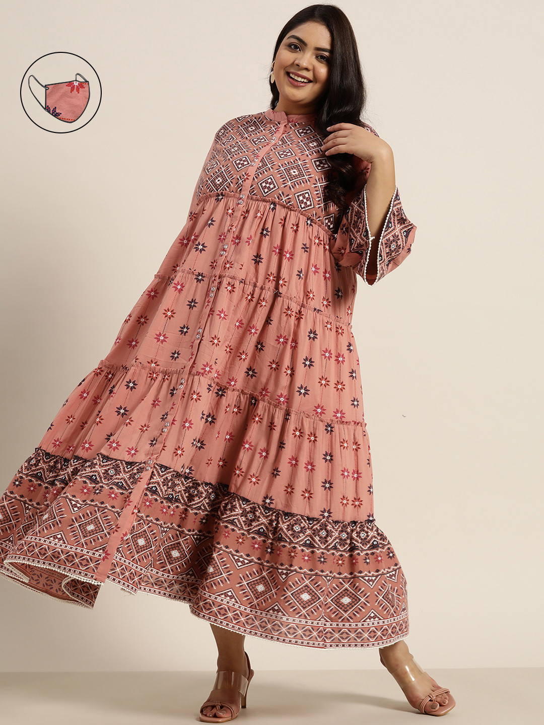 Juniper Plus Peach-Coloured & Navy Blue Pure Cotton Ethnic Printed Maxi Dress Comes With A Mask