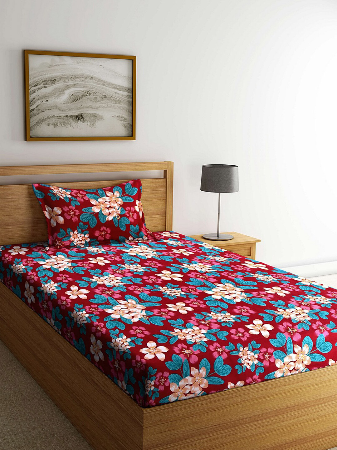 Arrabi Red Floral Cotton Skin-Friendly 300 TC Single Fine Bedsheet with a Pillow Cover-87 x 59 inches