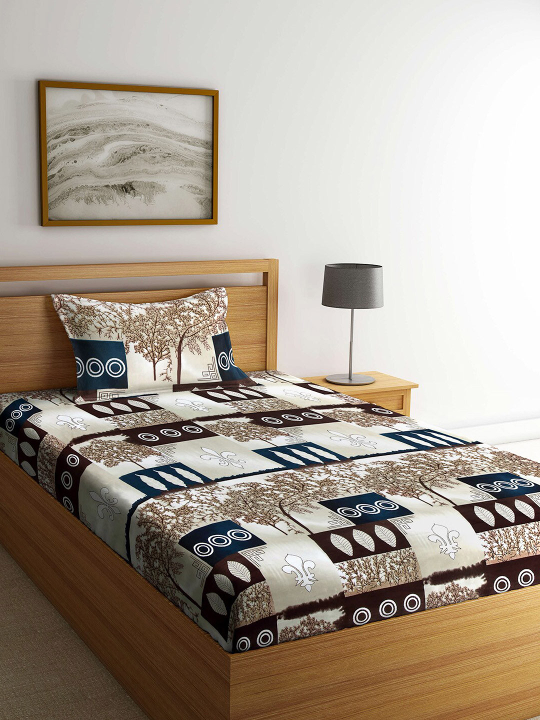 Arrabi Multicoloured Graphic Cotton 300 TC Single Fine Bedsheet with a Pillow Cover-87 x 59 inches