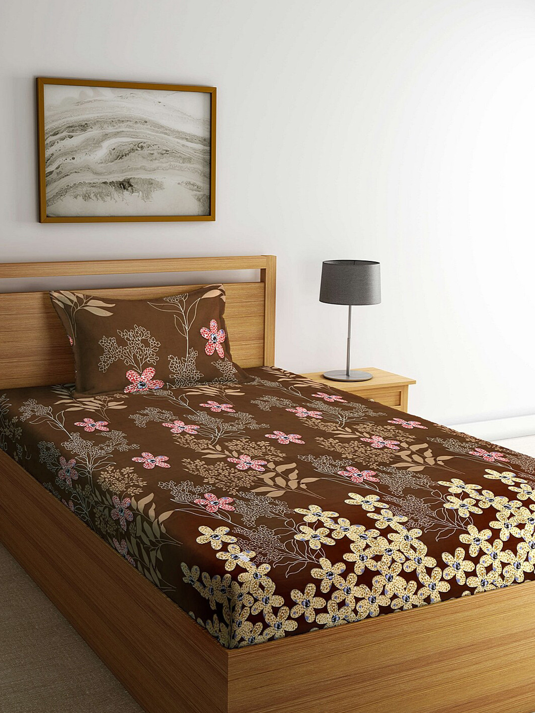 Arrabi Brown Floral Polycotton Skin-Friendly 300 TC Single Fine Bedsheet with a Pillow Cover-89 x 59 inches