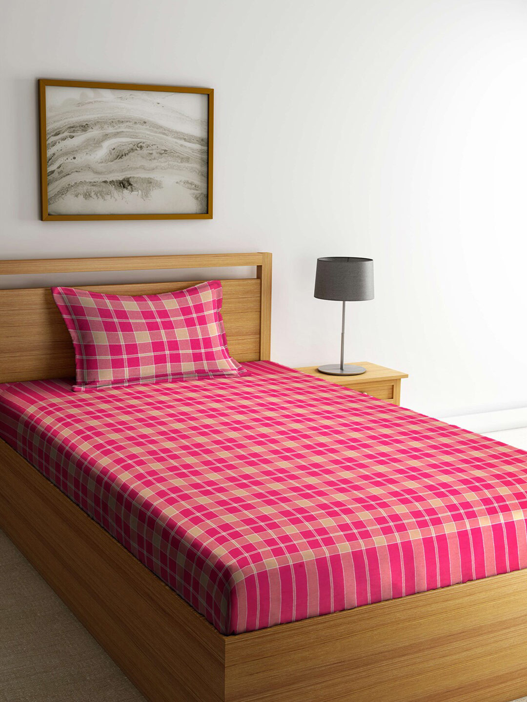 Arrabi Pink Checked Cotton Breathable 300 TC Single Fine Bedsheet with a Pillow Cover-230 x 150 cm