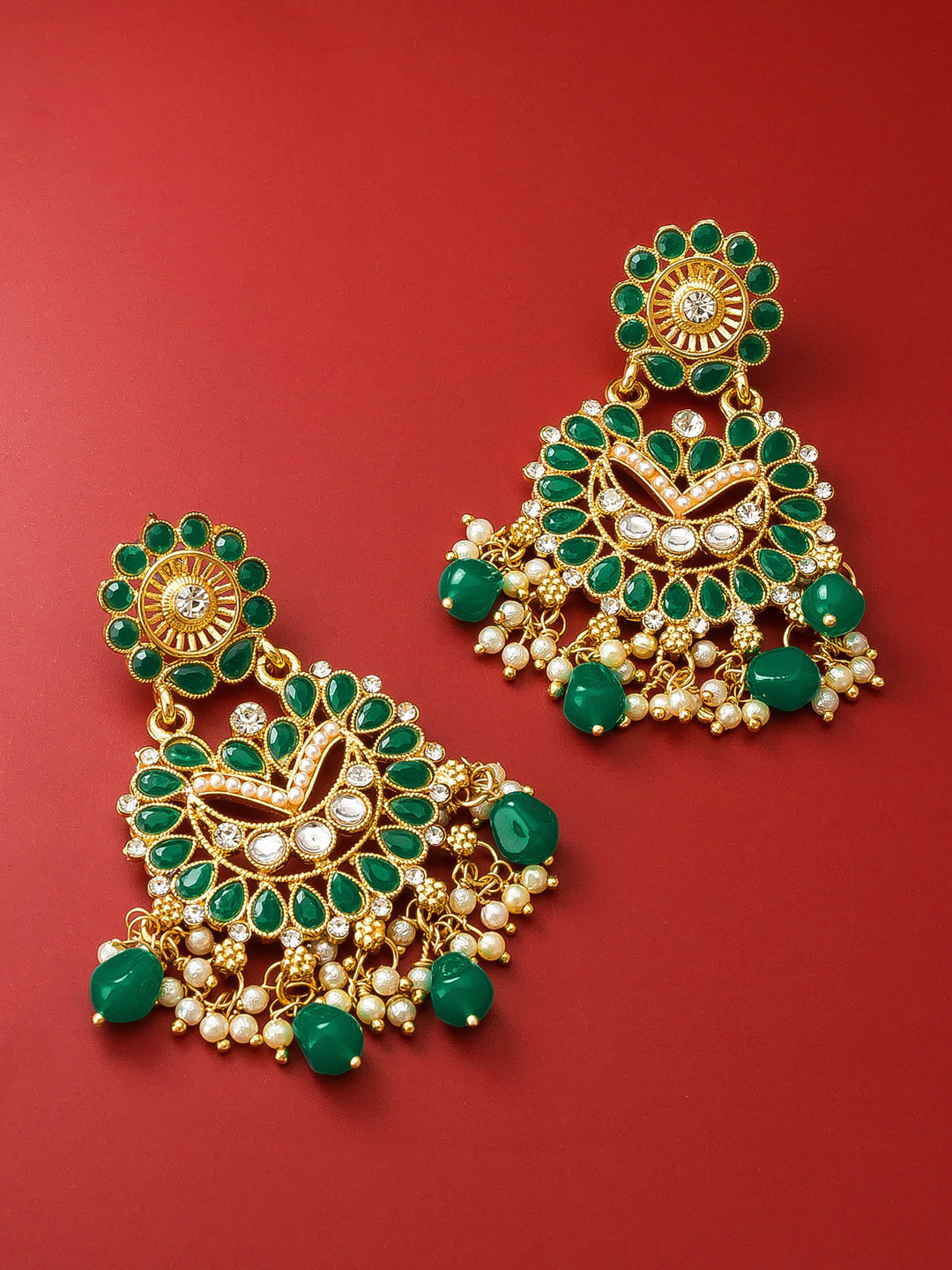 aadita Gold-Toned & GreenKundan Studded Contemporary Chandbalis Earrings