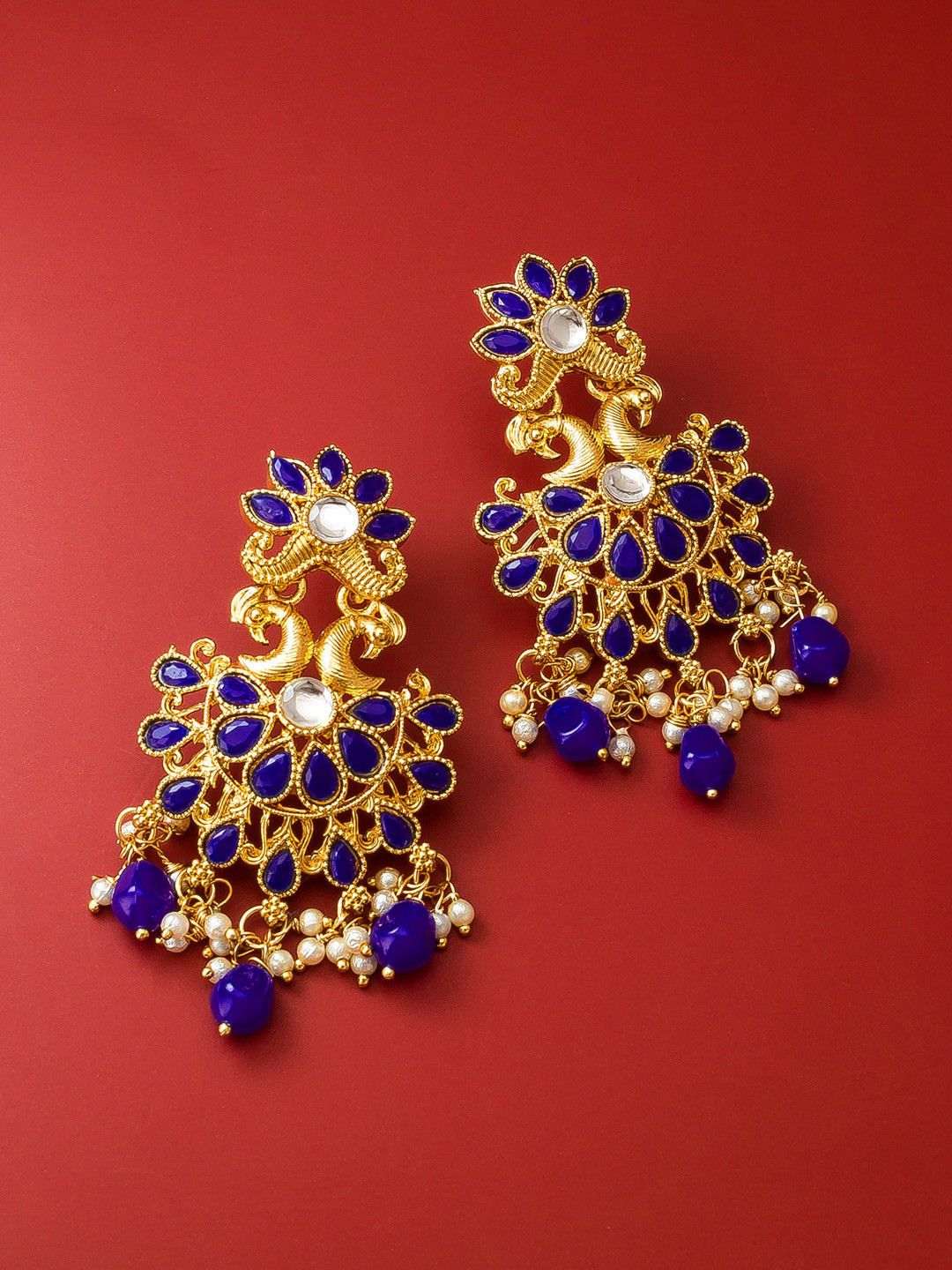 aadita Gold-Toned & Blue Stone Studded Contemporary Drop Earrings