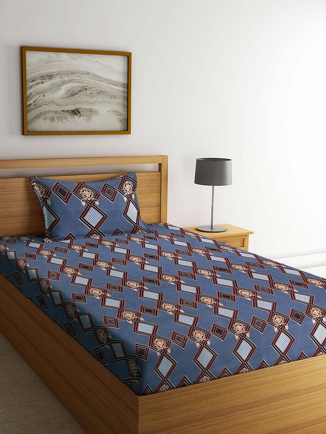 Arrabi Grey Geometric Polycotton Skin-Friendly 300 TC Single Fine Bedsheet with a Pillow Cover-72 x 48 inches