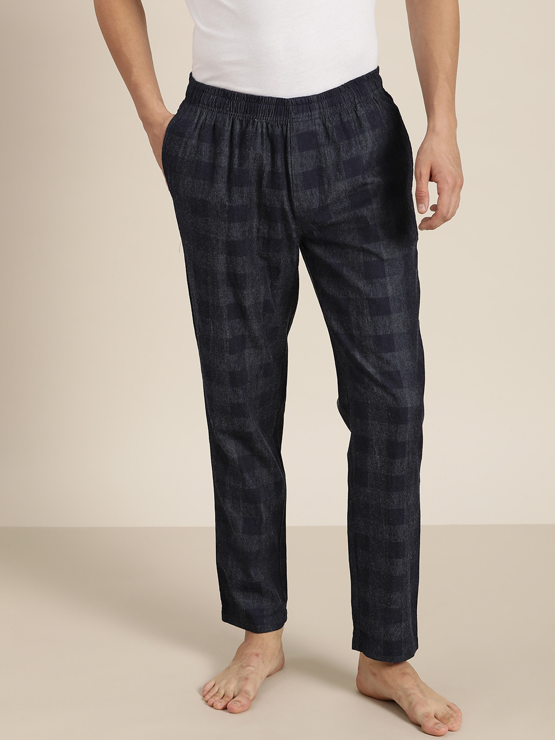 ether Men Navy Blue & Charcoal Grey Checked  Cotton Lounge Pants