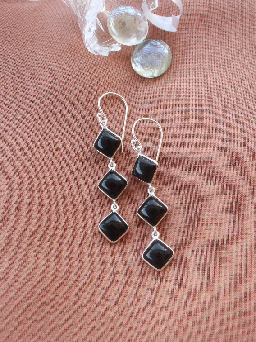 ERILINE JEWELRY Silver-Toned Black Onyx 925 Sterling Silver Contemporary Hoop Earrings