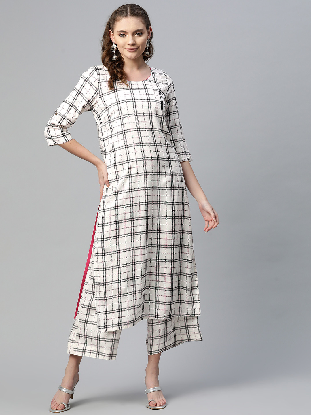 AURELIA Women White & Black Checked Kurta with Palazzos